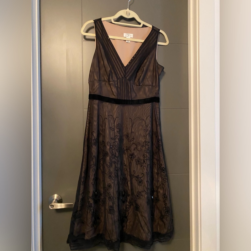 LOFT Black Sheer Embroidered Midi Dress